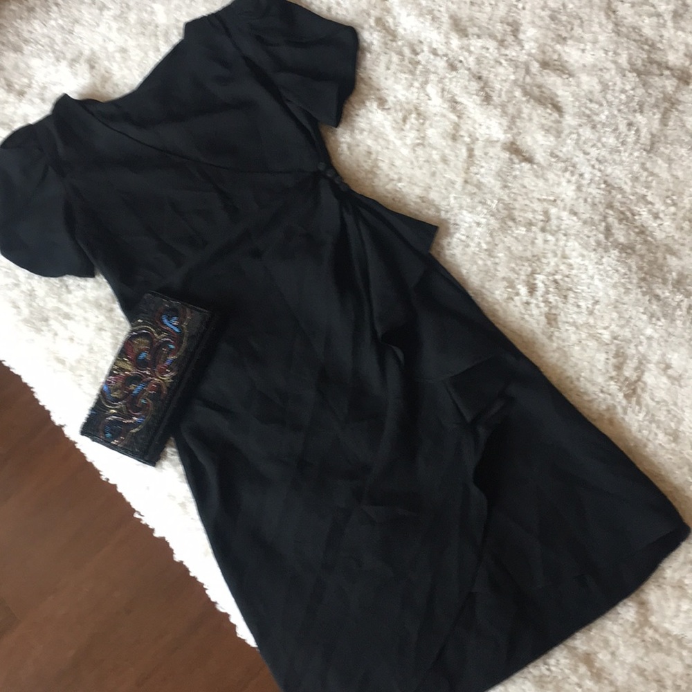 Vintage 80s Jody California Black Short Sleeve Wrap Style Peplum Dress